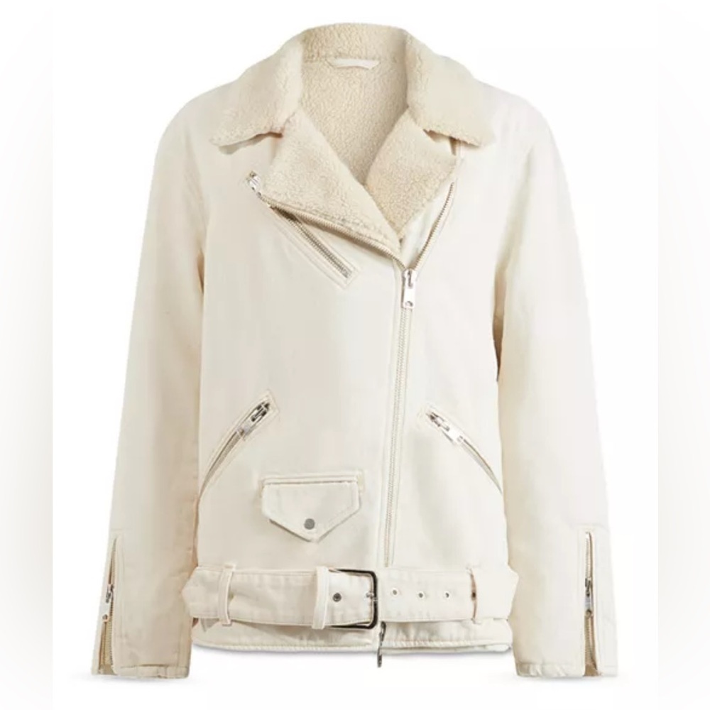 AllSaints Oversized Denim Biker Jacket w/ Faux Sherpa Lining - size 10